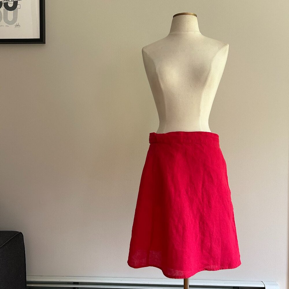 Linen Wrap A Line Skirt - Crimson , size M